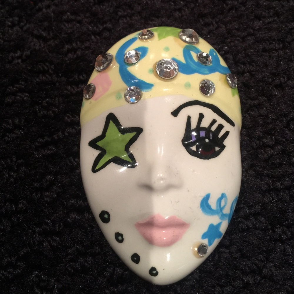 Artisan Signed Ceramic Porcelain Hand Painted Face Pin